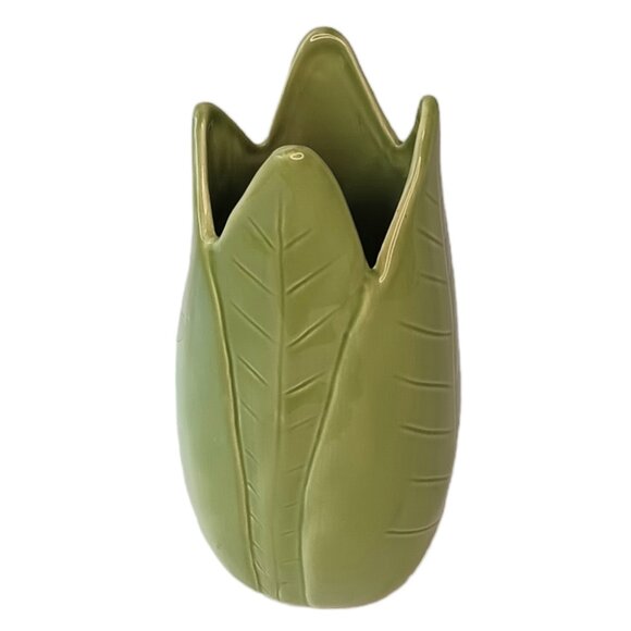 Pottery Barn Green Banana Leaf Vase Tropical Jungle 9" - Picture 3 of 11